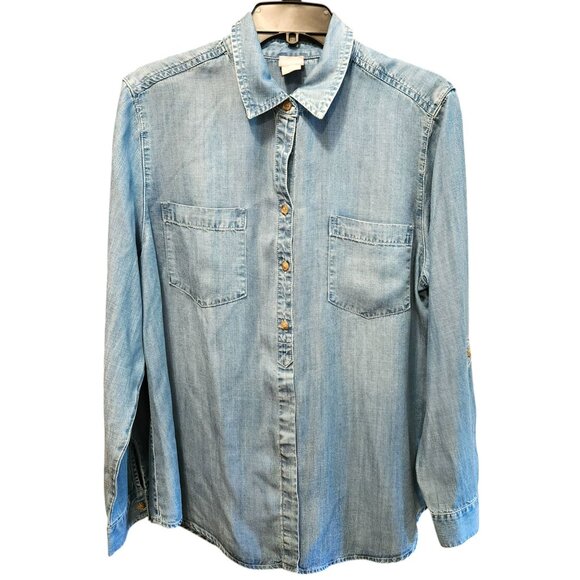 Chico’s Denim Shirt Long Sleeve Roll-Tab Half-Placket Chico's Size 2 - Picture 1 of 14